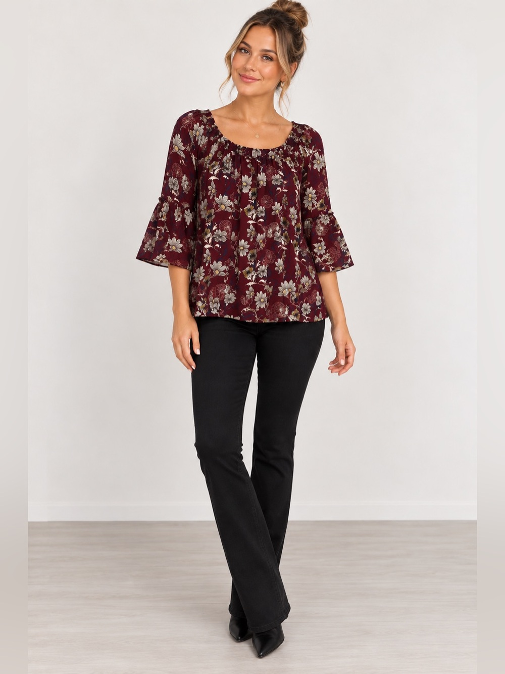 Alya Burgundy Floral Bell Sleeve Blouse Size XS